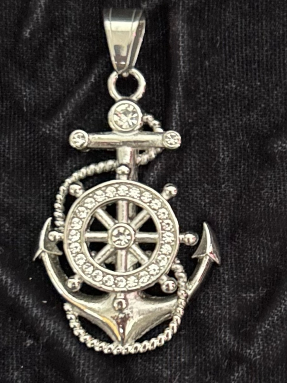 Stainless Steel Anchor Wheel Pendant with Triple A CZs NWOT